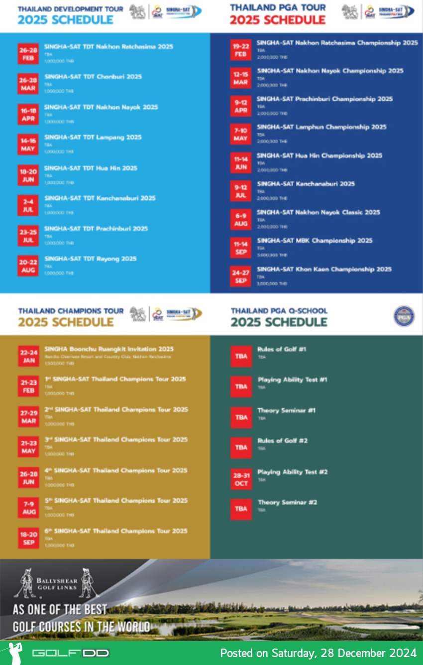 เปิดตารางแข่งขันกอล์ฟอาชีพแห่งปี 2568! รวม 3 ทัวร์ใหญ่ 24 รายการ ชิงเงินรางวัลรวม 35.5 ล้านบาท