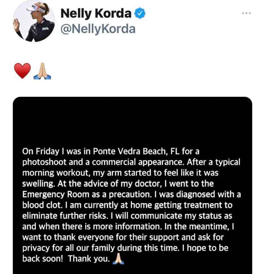 เนลลี่ คอร์ด้า มือ 2 ของโลก ยังไม่มีกำหนดวันกลับมาแข่งอีกครั้งในรายการ JTBC Classic ในสัปดาห์หน้า 