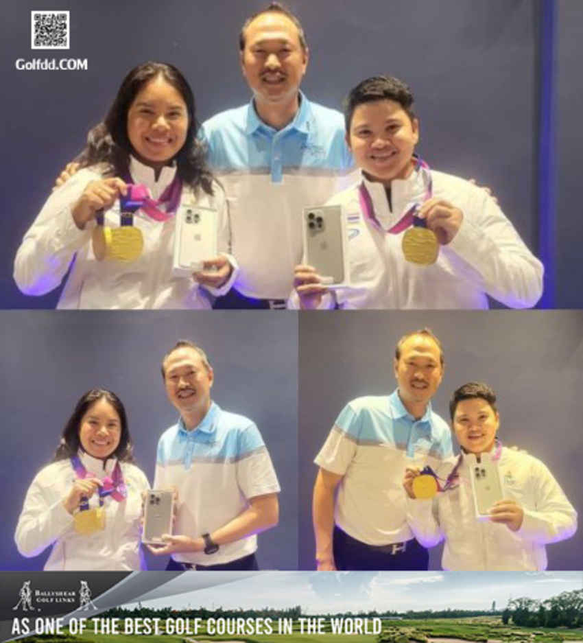 นายกฤษดา ตัณฑ์วิไล นายกฯกอล์ฟอาชีพสตรี มอบโทรศัพท์ ไอโฟน  3 เครื่อง  ให้แก่นักกีฬากอล์ฟหญิงทีมชาติไทย 
